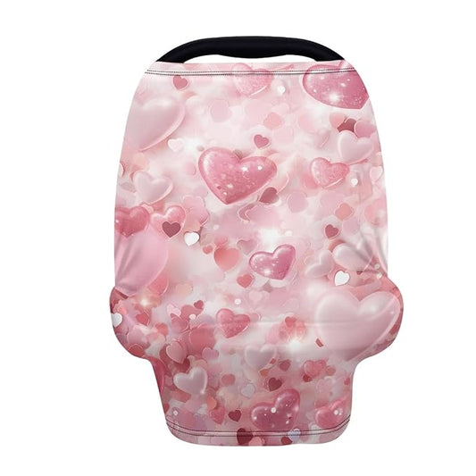 Pink Love Heart Print Stylish Infant Babies Nursing Cover Valentine's Day Theme Stretchy Car Seat Canopy for Shopping Cart/High Chair/Stroller Covers