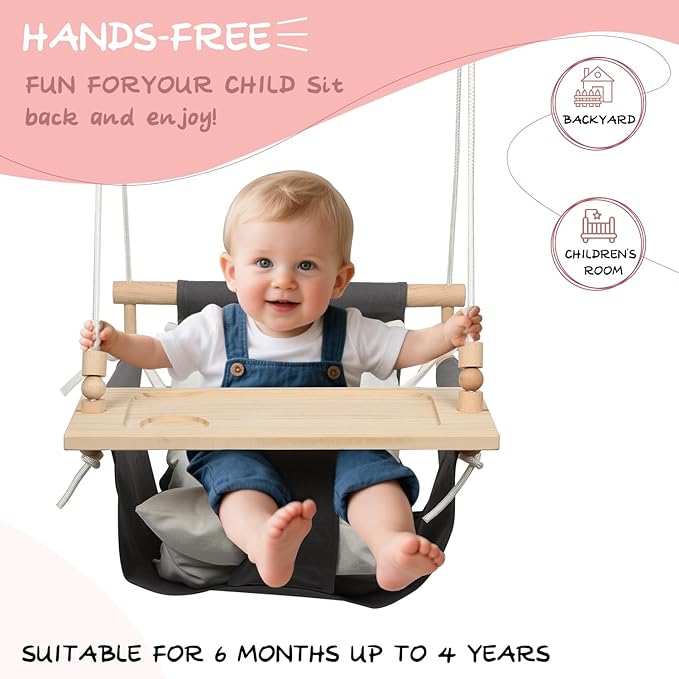 KINSPORY Toddler Swing with Soft Cushion, Safety Buckle & Detachable Tray, Adjustable 57~71'' Canvas Baby Swing, High Back Infant Seat for Children' Room, Backyard, Playground Set (Grey)