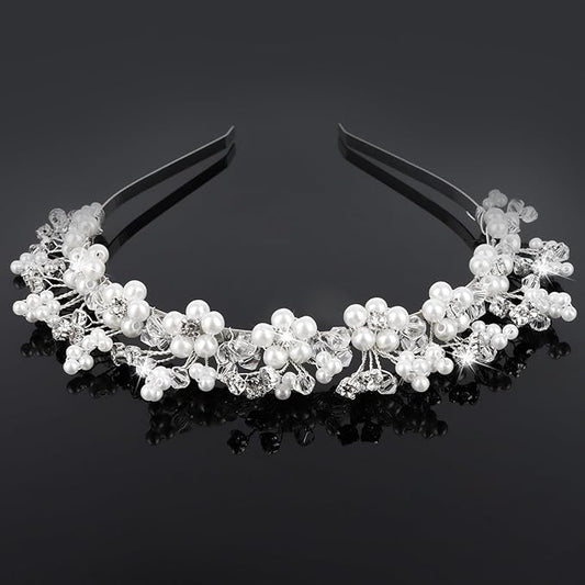 Flower Girl Wedding Headband Crystal Hair Accessories Silver Bridal Pearl Headband for Prom, Birthday, Party, and First Communion