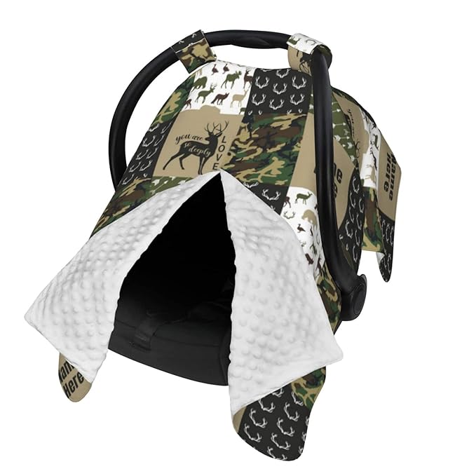 Personalized Woodland Moose and Bear Baby Car Seat Canopy for Babies with Name, Custom Car Seat Covers for Boys, Opening Minky Nursing Breastfeeding Cover Infant Car Seat Canopies for Newborn
