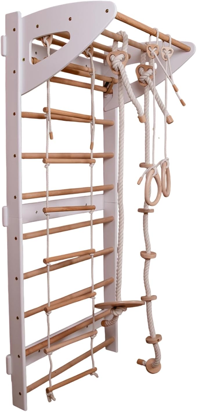 Wood And Hearts Swedish Ladder for Kids with Rope Accessories - Indoor Jungle Gym, Indoor Jungle Gym for Kids Ages 3-16, Indoor Climbing Gym (Swedish Ladder of 2 Parts (White))