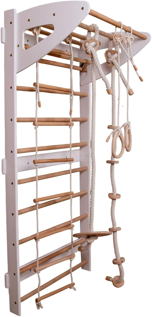 Wood And Hearts Swedish Ladder for Kids with Rope Accessories - Indoor Jungle Gym, Indoor Jungle Gym for Kids Ages 3-16, Indoor Climbing Gym (Swedish Ladder of 2 Parts (White))