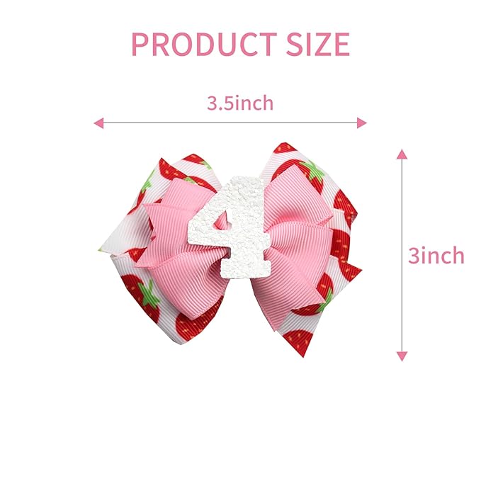 Birthday Hair Bow for Baby Girls - 2Pcs Pink Strawberry Hair Clips for 4th Birthday Baby Bow Party Decorations for Girls Toddlers Hair Accessories