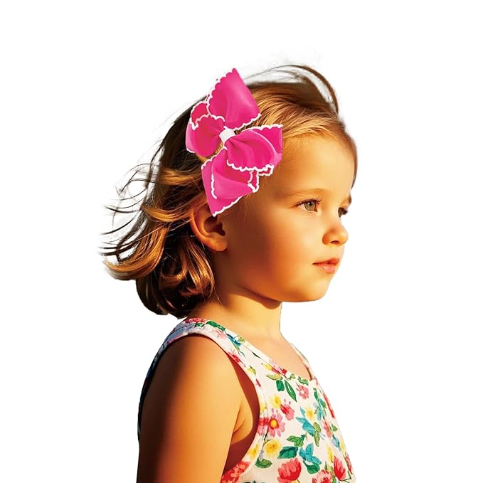 5 Inch Girls' Grosgrain Hair Bow, Alligator Clips Hair Barrettes, Moonstitch Edge Hair Bows with White Trim, (Hot Pink)