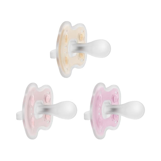 Dr. Brown's Advantage One-Piece Silicone Baby Pacifier, Fully Symmetrical Soother, Ecru/Light Pink/Pink, 0-6m, BPA-Free, 3-Pack