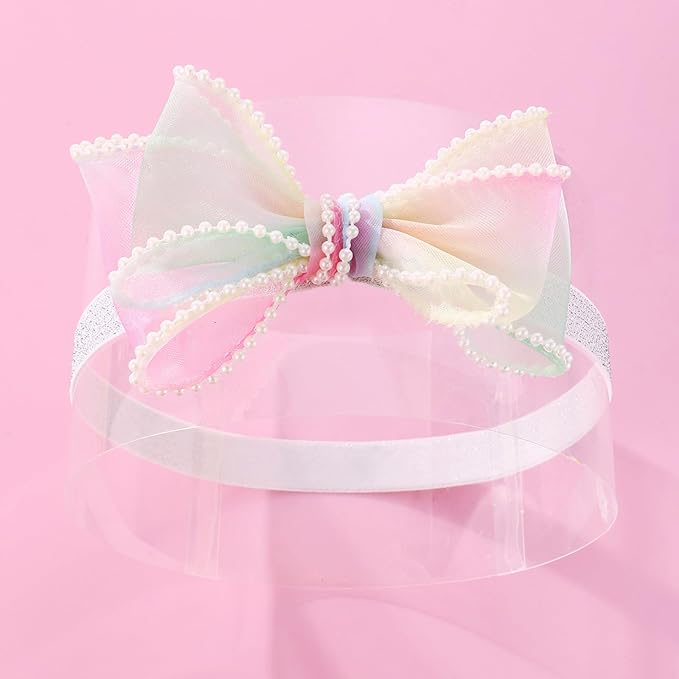 Bow Lace Headband for Baby Girls, Cute Bow Knot Hairband Pearl Elastic Headwrap for Newborn Infant Toddlers (Rainbow)