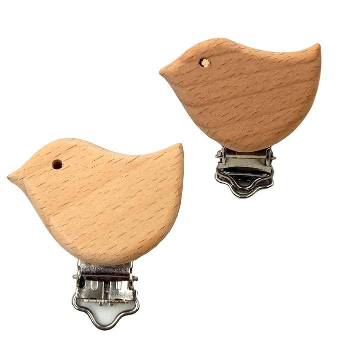 10pcs Natural Wood Suspender Pacifier Clips Cute Beech Wooden Animal Bird Shape Clips Charm DIY Beading Pacifier Chain Accessory