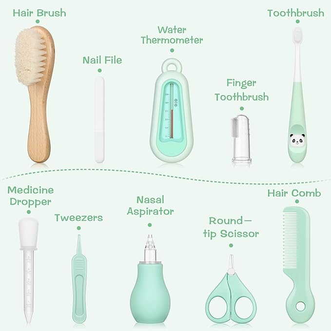 Baby Healthcare and Grooming Kit - Nursery Essentials Baby Registry Shower Gift for Newborns Infants Toddlers Boys Girls 13pcs - Green