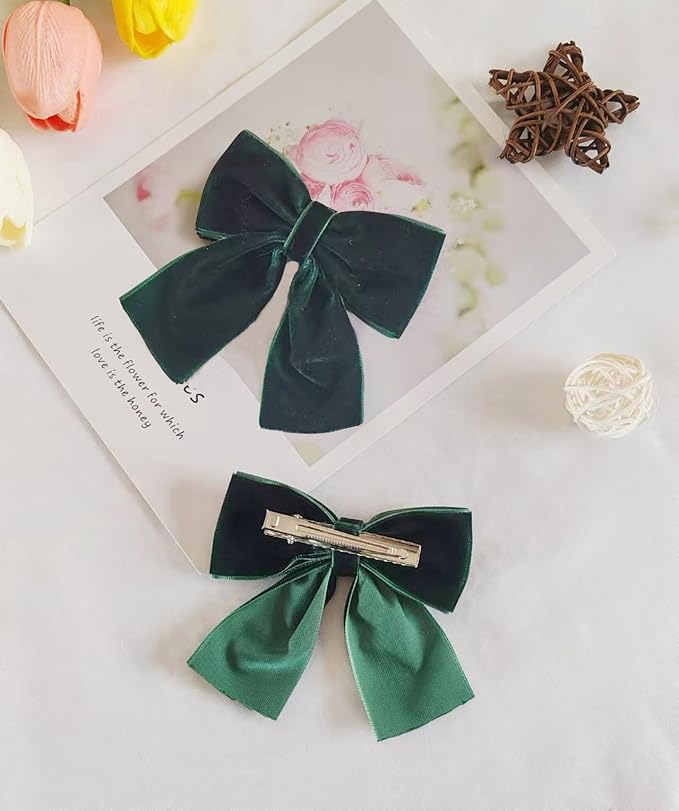 Hjiaruiky Green Velvet Hair Bows Clips - Hand-made Big Bows for Little Girls