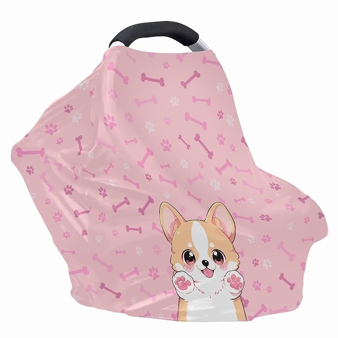 Biyejit Pink Corgi Baby Car Seat Cover, Infant Carseat Canopy, Nursing Breastfeeding Cover, Stretchy Carrier Covers for Stroller/Shopping Cart, Newborn Registry & Shower Gift for Boys Girls