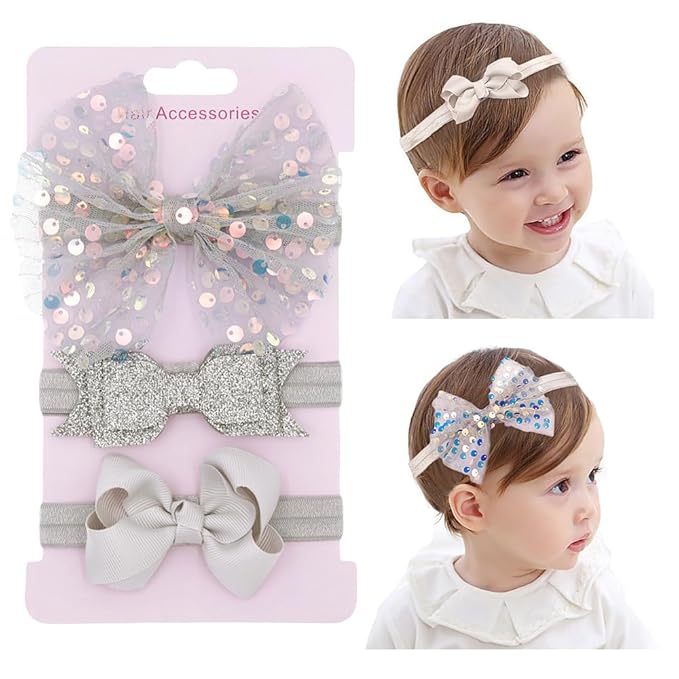 3pcs Baby Girl Bows Headband Chiffon Flower Hairband for Newborn Infant Toddler Soft Elastic Hair Bow Accessories for Baby Birthday Party (Grey, Standard size)