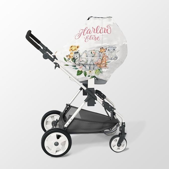 Personalized Baby Car Seat Cover Stroller Canopy: Custom Name Newborn Baby Girl Elastic Safari Animals Nursing Cover for Moms First Birthday Gift Pink(one Size)