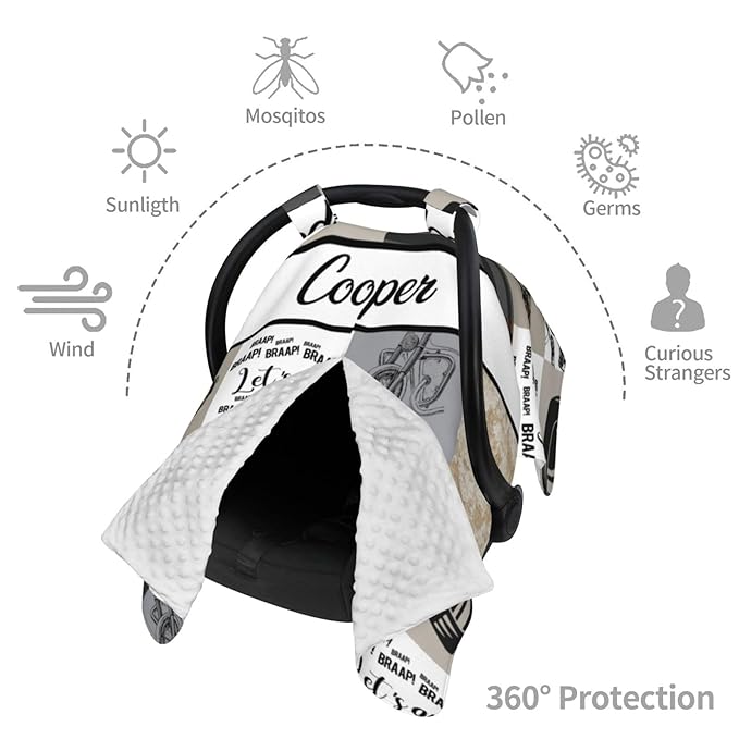 Personalized Baby Car Seat Canopy for Babies, Custom Name Car Seat Covers for Baby Boy, Opening Minky Nursing Breastfeeding Cover for Infant, Carseat Canopies for Newborn (Motorcycle)