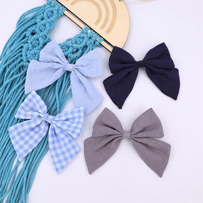 4 PCS Sailor Bow Hair Clips for Kids Girls Women Linen cotton Hair Bow Alligator Clips Baby Toddler Girl Mom Hair Accessories (Blue/Grey)
