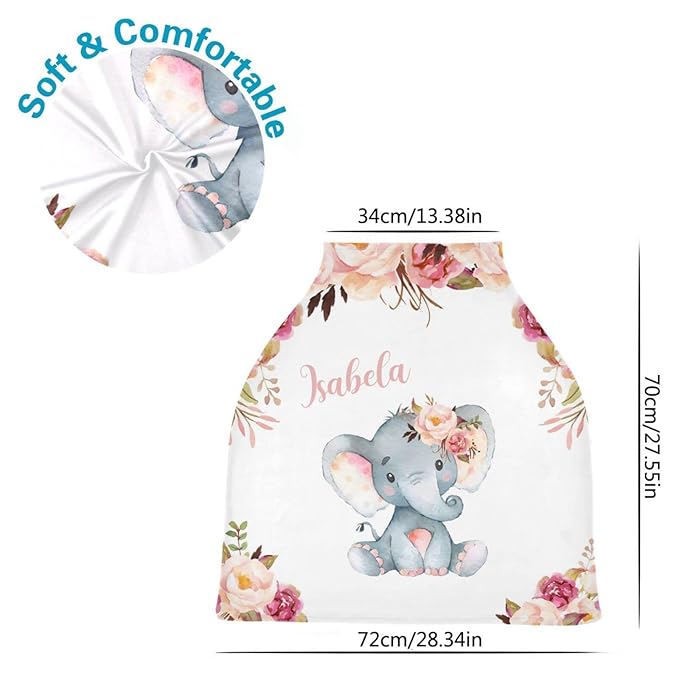 Personalized Baby Car Seat Covers with Name, Custom Nursing Cover Breastfeeding for Babies, Carseat Canopy for Girls, Infant Stroller Cover for Winter, Breathable Carseats Cover (Elephant Floral Pink)