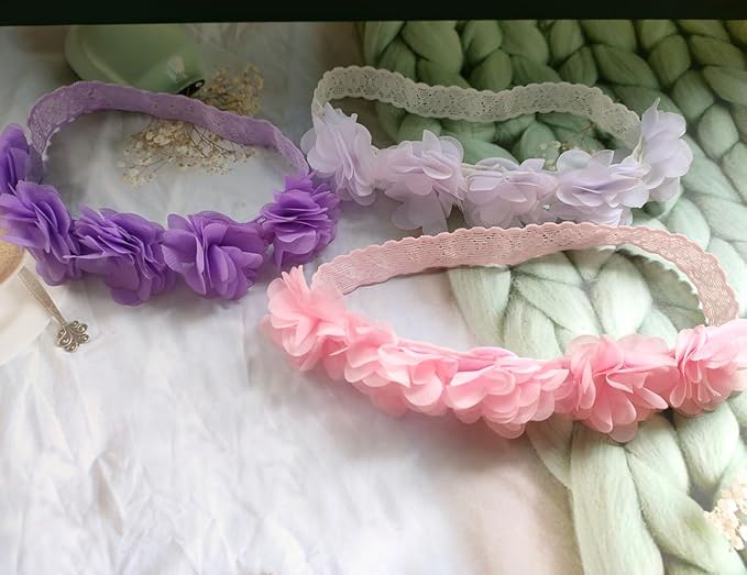 Jilukibo Baby Elastic Lace Bows Flower Headbands, Stretch Gold Princess Floral Hair Band Headwear for Infant Girls Toddler Hair Accessories (3 Pack, White Pink Purple)