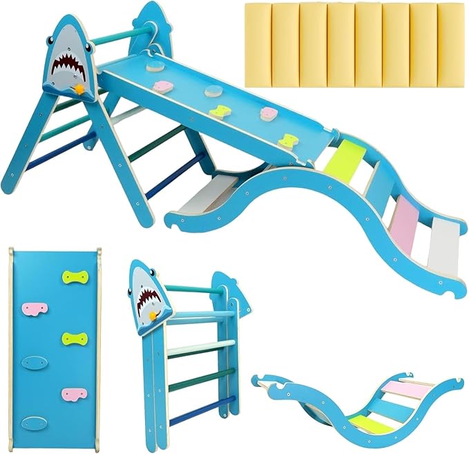 Pikler Triangle Set with Cushion 9 in 1, Climbing Toys for Toddlers 1-3, Montessori Indoor Baby Playground for Safe Motor Skills Development (Blue-Shark-Set)