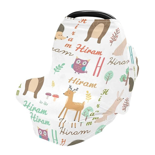 Personalized Baby Car Seat Cover with Name, Customized Multi Use Nursing Cover for Newborn Girl Boy, Cartoon Animal Carseat Canopy, Mom Nursing Breastfeeding Covers， Shower Gifts