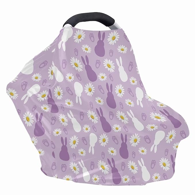 Wanyint Stretchy Baby Car Seat Covers Carseat Canopy Baby Breastfeeding Stroller High Chair Shopping Cart Cover Nursing Scarf Infant Stroller Cover, Easter Rabbit Paw Daisy Violet