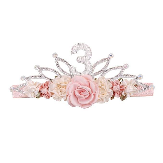 cherrboll Flower Headband Birthday Crown for Girl, Floral Nylon Hairband for 1-3 Years Old Toddler, 3rd Birthday Party Dress Photo Decoration Hair Accessory