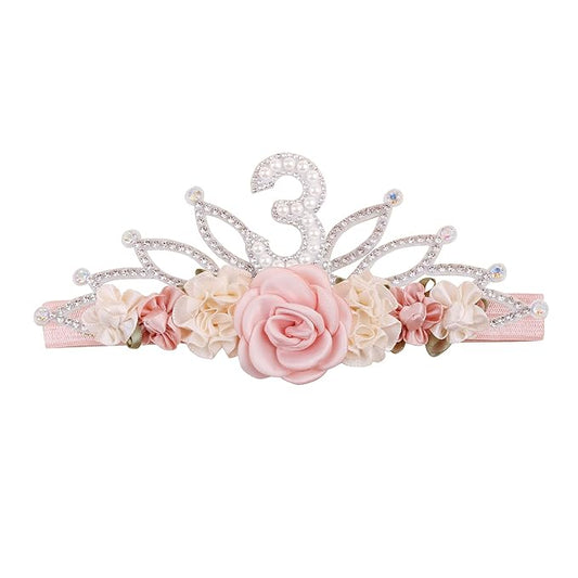 cherrboll Flower Headband Birthday Crown for Girl, Floral Nylon Hairband for 1-3 Years Old Toddler, 3rd Birthday Party Dress Photo Decoration Hair Accessory