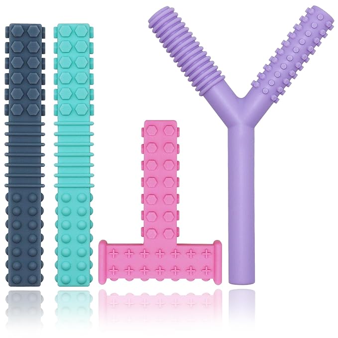 Sensory Chew Toys for Autistic Children, 4 Pack Chew Tubes Sticks for Kids Soft Durable Silicone, Oral Motor Tools Teething Tube for Sensory Kids with Anxiety, ADHD, SPD, Nursing Teether Toys BPA Free
