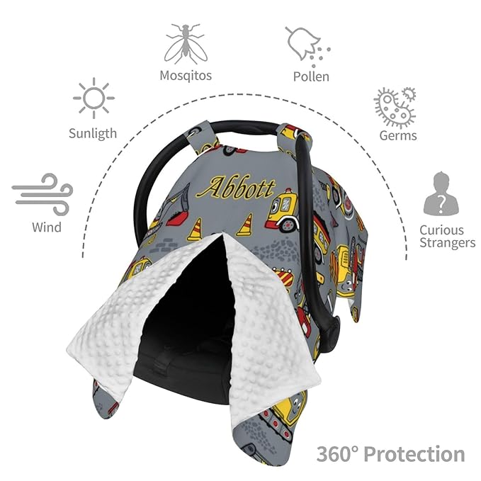 Personalized Baby Car Seat Canopy for Babies with Name, Custom Construction Stroller Car Seat Covers for Boys Girls, Nursing Carseat Cover for Breastfeeding, Car Seat Canopies for Infant Newborn