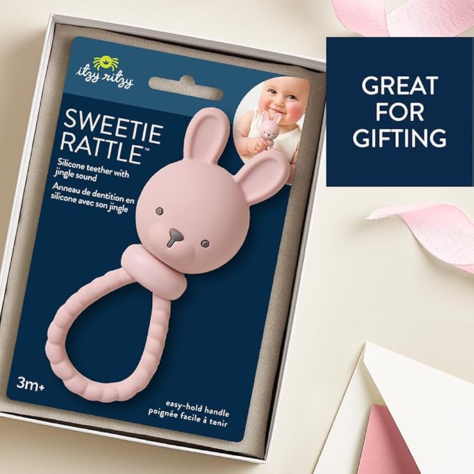 Itzy Ritzy Silicone Rattle Toy – Soothing Teething Toy with Soft Jingle Sound & Easy-Grip Textured Handle - for Ages 3 Months and Up (Bunny)
