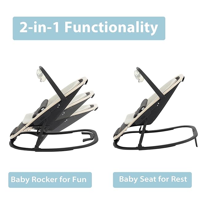Noah 2-in-1 Baby Bouncer & Rocker - Portable Reclining Chair with Cushion & Toys for Infants 0-9 Months, Charcoal