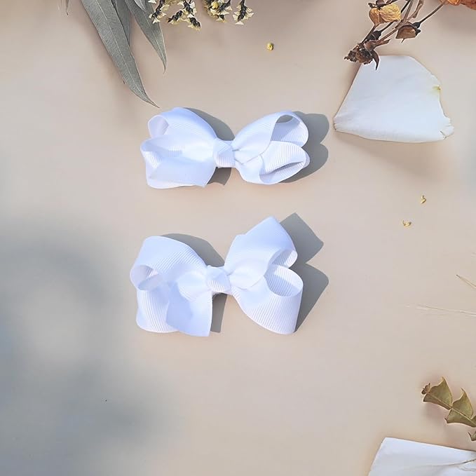 6 PCS 3" Grosgrain Ribbon Hair Bows - Alligator Clips for Toddlers in Solid Color (White)