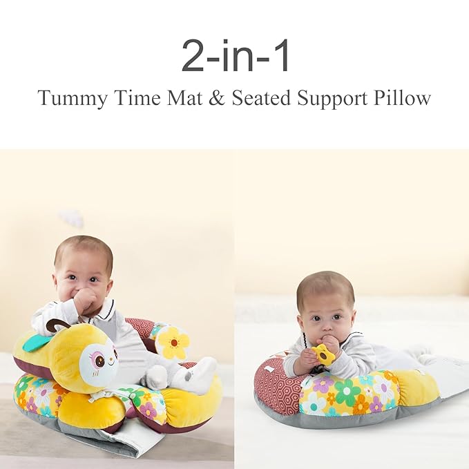 Lovvie & Joy 2-in-1 Tummy Time Mat & Seated Support Pillow,Baby Tummy Time Pillow Support for Newborns and Older Babies,with Detachable Support Pillow and Toys Bee Spirit