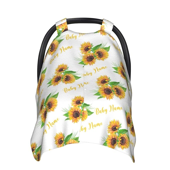 Personalized Sunflower Baby Car Seat Canopy for Babies with Name, Custom Car Seat Covers Boys Girls, Peekaboo Opening Minky Nursing Breastfeeding Cover Infant Car Seat Canopies for Newborn