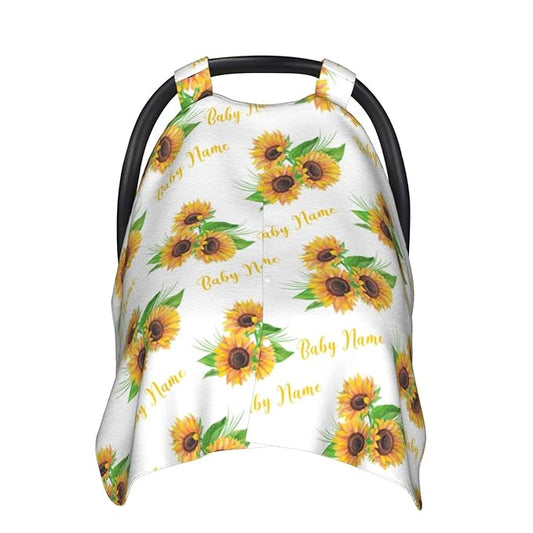 Personalized Sunflower Baby Car Seat Canopy for Babies with Name, Custom Car Seat Covers Boys Girls, Peekaboo Opening Minky Nursing Breastfeeding Cover Infant Car Seat Canopies for Newborn