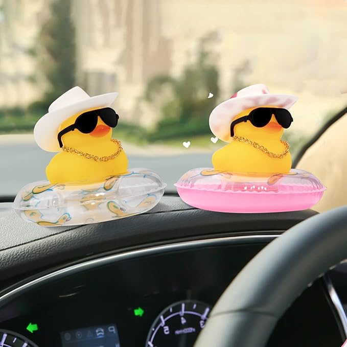 wonuu Car Rubber Duck, Yellow Duck Decoration Dashboard with Sun Hat Swim Ring Necklace Sunglasses for Car Dashboard Decorations