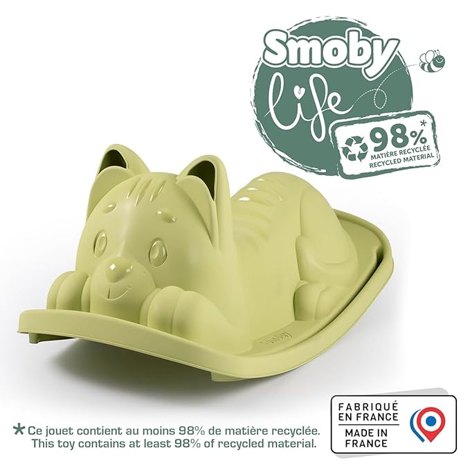 Smoby Life – Green Cat Rocking – Ergonomic Seat – Grip Handles – Recycled Material – from 18 Months – Made in France