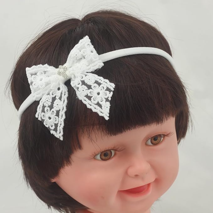 Nihao Baby Off White Lace Bow Small Baptism Headband for Baby Girls -2 PCS