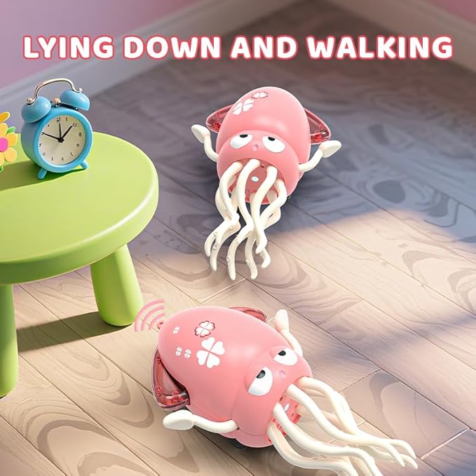 SANJOIN Dancing Octopus Baby Toy,Easter Basket Stuffers Gitfs Rechargeable Tummy Time Toys Wiggling Crawling Squid Toy for 3 4 5 6 7 8 9 10 Kids Boy Girl,Electric Musical Toys Birthday Gifts,Pink