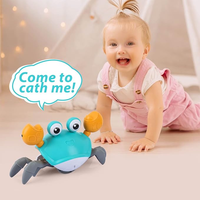PintreeLand Crawling Crab Baby Toys Upgrade Version - 3 Speed & Music Control, Infant Tummy Time Interactive Walking Toddler Toy for 3 4 5 6 7 8 9 10 11 12 Year Old Boys or Girls (Blue)