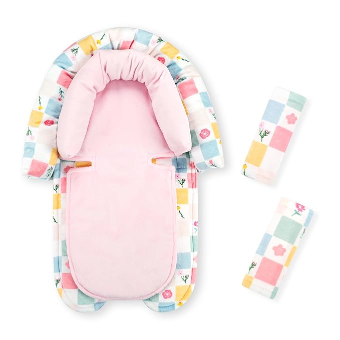 SWESEN Baby Car Seat Head Support, Super Soft 2 in 1 Infant Car Seat Insert, Reversible Newborn Car Seat Insert Cushion with Strap Covers for Strollers, Bouncers, Swing, Floral