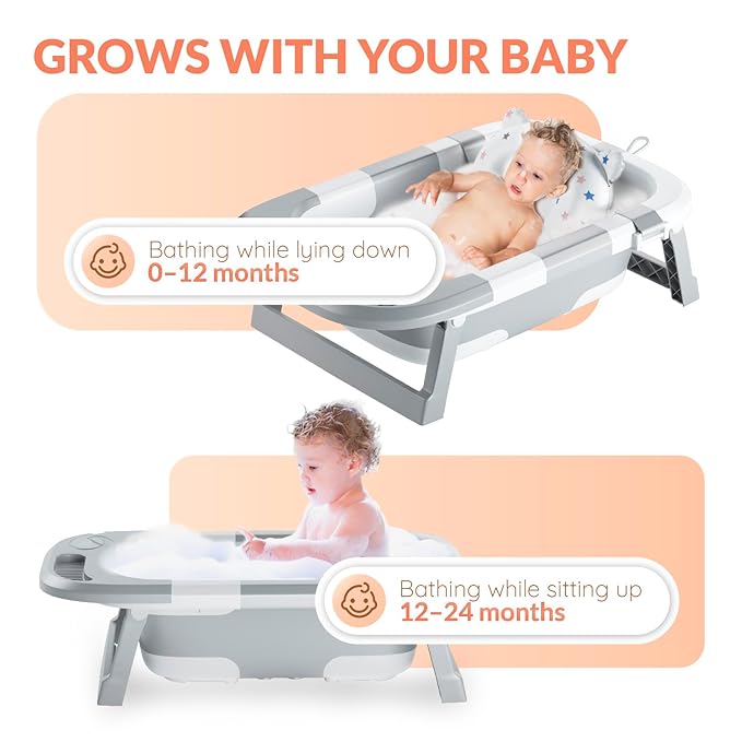 Collapsible Baby Bathtub for Newborn Infant Girl & Boy 0-24 Months, Foldable Portable Bathtub with Thermometer, Heat Sensor, Drain Plug, Water Scoop, Dino Cushion Pillow, Travel Bath Tub for Shower