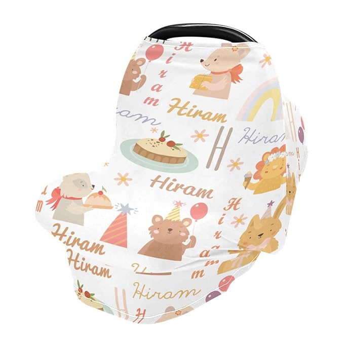 Customized Name Car Seat Covers for Baby Girl Boy, Personalized Summer Carseat Cover, Breathable Infant Stroller Canopy, Newborn Sun Shade Cover, Nursing Cover Breastfeeding Scarf, Cute Animal