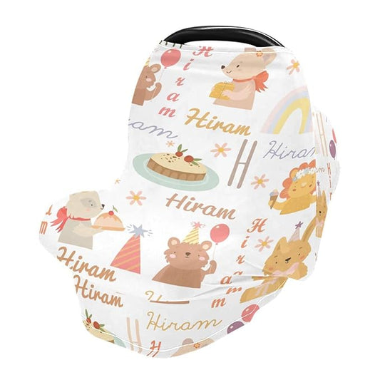 Customized Name Car Seat Covers for Baby Girl Boy, Personalized Summer Carseat Cover, Breathable Infant Stroller Canopy, Newborn Sun Shade Cover, Nursing Cover Breastfeeding Scarf, Cute Animal