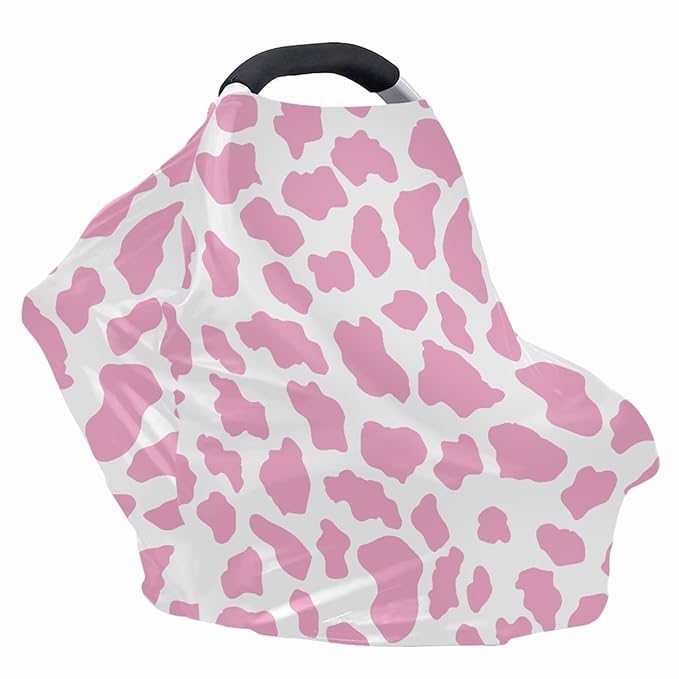 Biyejit Pink Cow Print Nursing Cover, Car Seat Cover, Shopping Cart Cover & Infinity Scarf – Breathable, Multi-Use Nursing Cover Up for Breastfeeding, Carseat Canopy & Stroller Cover