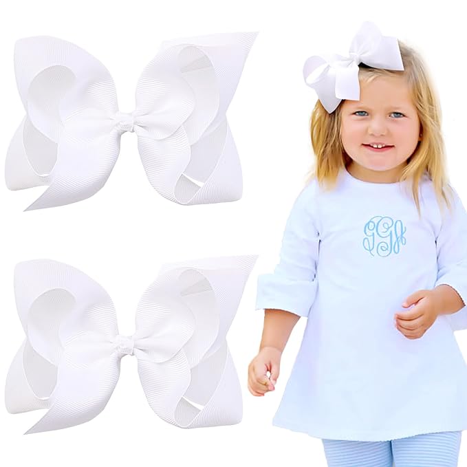2PCS Oaoleer Layered Grosgrain Ribbon Alligator Hair Clips, White 6-inch Barrettes for Girls, Infants, Toddlers, Kids, and Teens