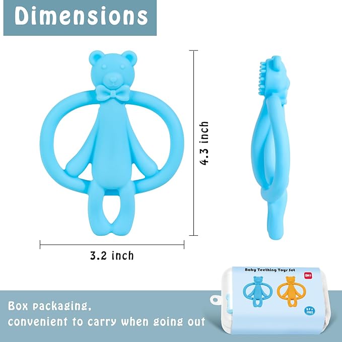 2 Pack Baby Teething Toys for 0-6 6-12 Months, Silicone Baby Bear Teether, Easy to Grip Teether for Babies Infants Boys Girls, BPA Free, Blue and Yellow