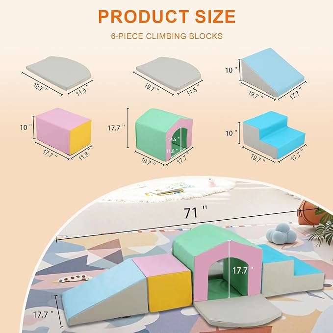 MFUN Soft Climbing Toys for Toddlers & Baby, 6-Piece Foam Climbing Blocks, Kids Playground Climbers & Play Structures, Waterproof & Easy to Clean (Pink, 6-Piece)