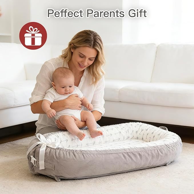 Baby Support Cushion | Organic Cotton Infant Floor Support Cushion | Reversible, Adjustable & Portable Floor Support | Soft, Breathable, Washable Cover (Grey Arrow)