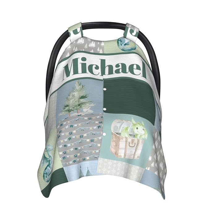 Personalized Baby Car Seat Canopy for Babies with Name, Custom Car Seat Covers for Boys Girls, Cute Dragon Nursing Breastfeeding Stroller Cover Infant Carseat Canopies for Newborn