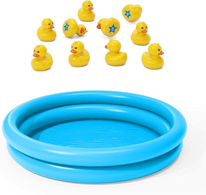 Duck Pond Matching Game Toys for Kids - 20 Plastic Ducks with Numbers,25" x 5" Kiddie Pool | Storage Bag, 2 Nets-Fun Memory Games - Water Outdoor Game for Children,Preschooler, Birthday Party Carnival