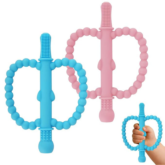 Fu Store Hollow Teether Tube 2 Pack Apple Shape Chew Straw Sensory Toy for Infant Toddlers Silicone Tubes Teething Toys for Babies 0-6 0-12 0-36 Months Gifts Teething Relief Soothing Gums (Blue Pink)